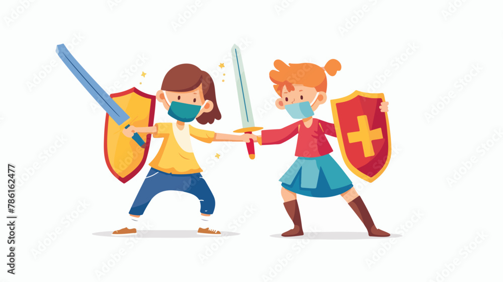 Girl boy kids using swords shields fight corona virus