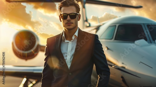 Young attractive businessman in suit in car and jet background © Vahram