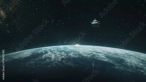 russel's teapot floats in space with the earth in the background