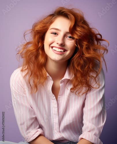 Portrait of caucasian girl, wearing a casual clothing and smiling on studio color background