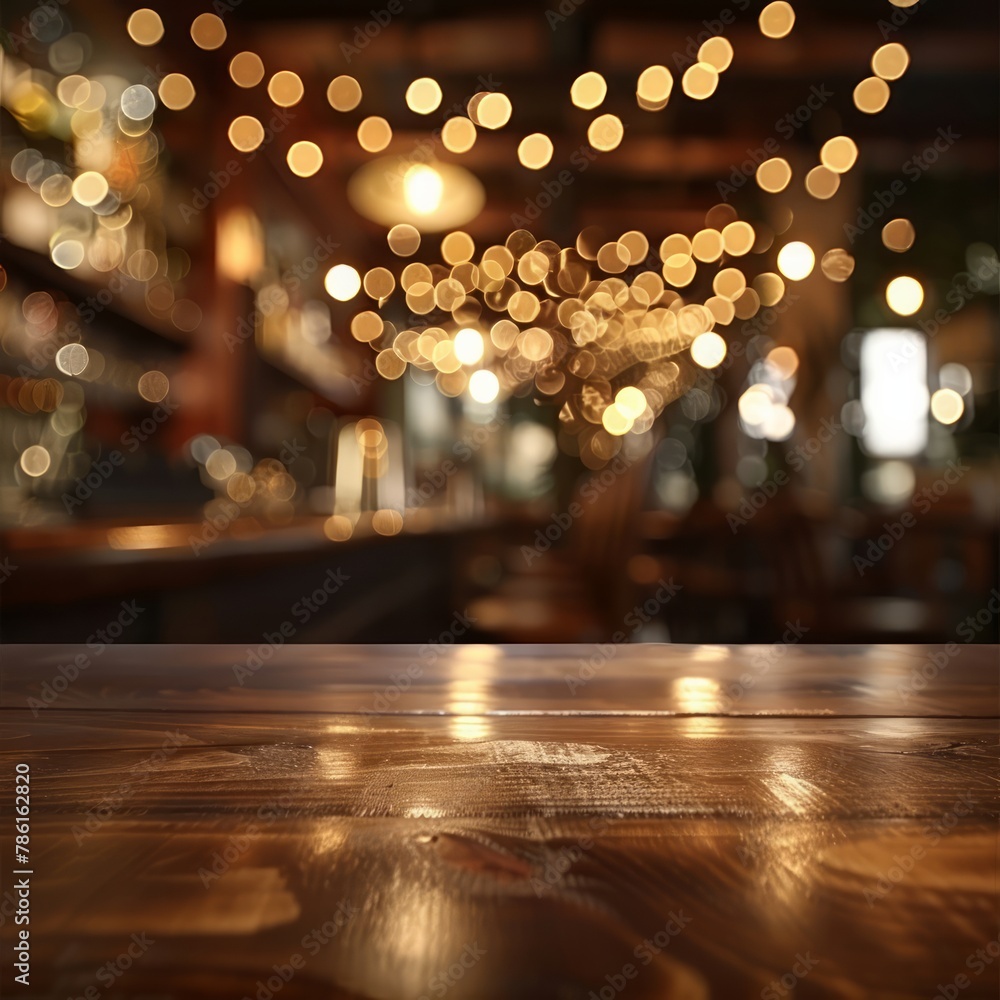 A blurry image of a bar with lights and a wooden table. Scene is warm and inviting, with the lights and wooden table creating a cozy atmosphere