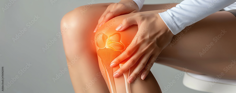 Female with knee joint issue, plain clear background, - obrazy, fototapety, plakaty 