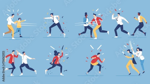 Conflict scenes with angry characters. Furious couples or business colleagues argue and disagree in an office. Line art flat modern illustration.