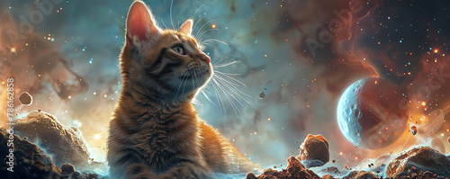 Feline explorer in cosmic journey, asteroids around, clear background,
