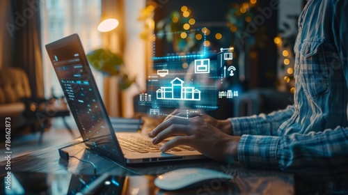 Laptop on desk, man presses on hotel icon. Search and online reservation.