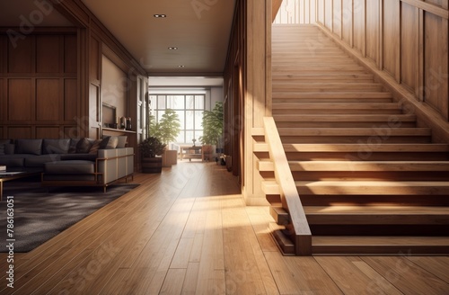 Interior architecture design of wooden entrance hallway with staircase in a minimal or topical house. Generative AI.