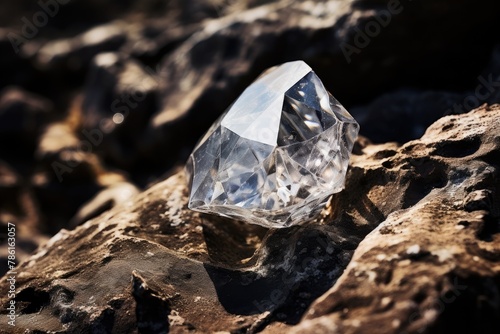 Raw diamond on natural rock outdoor. Mineral crystal. Mineral stone.