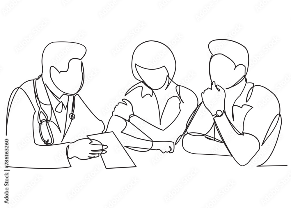one continuous drawn line pregnant woman family at a doctor's reception painted by hand silhouette picture. Line art. character woman at a doctor's appointment, couple at a doctor's reception one continuous drawn line pregnant woman family at a doctor's reception painted by hand silhouette picture. Line art. character woman at a doctor's appointment, couple at a doctor's reception