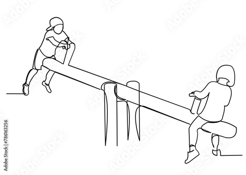 continuous single drawn one line children swing on a swing drawn by hand picture silhouette. Line art. character kids in the playground