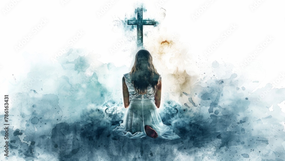 A woman praying for atonement at the foot of the cross - obrazy, fototapety, plakaty 