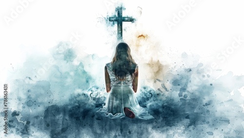 A woman praying for atonement at the foot of the cross photo