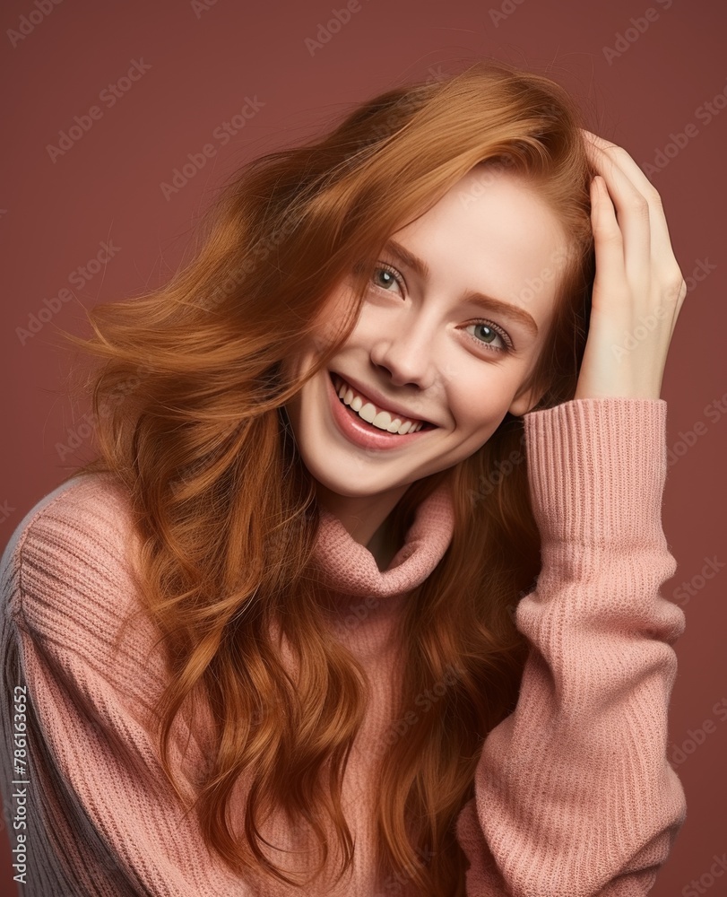Portrait of caucasian girl, wearing a casual clothing and smiling on studio color background Portrait of caucasian girl, wearing a casual clothing and smiling on studio color background