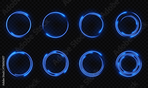 Collection of vector blue neon circle frames on a dark background with a transparent glow effect. Design element with neon electric light.
