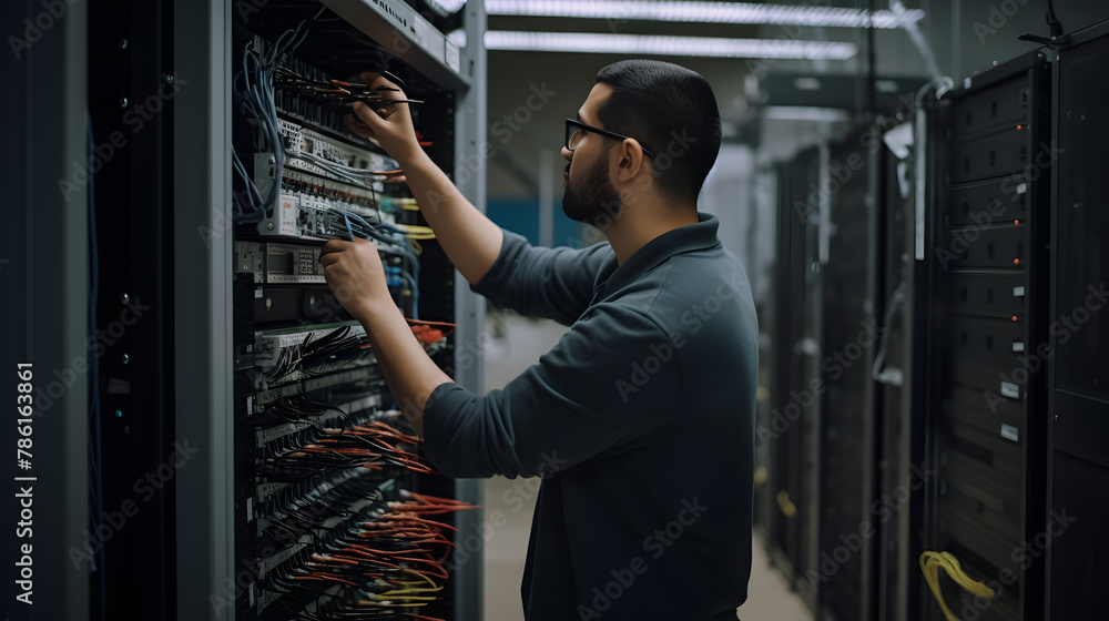 Fototapeta premium A technician works near the racks of a modern data centre. The system administrator configures the computer hardware.