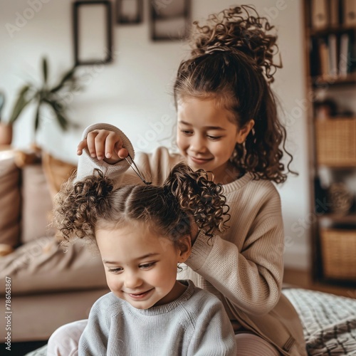 afro girl combing her sister's pigtails photo