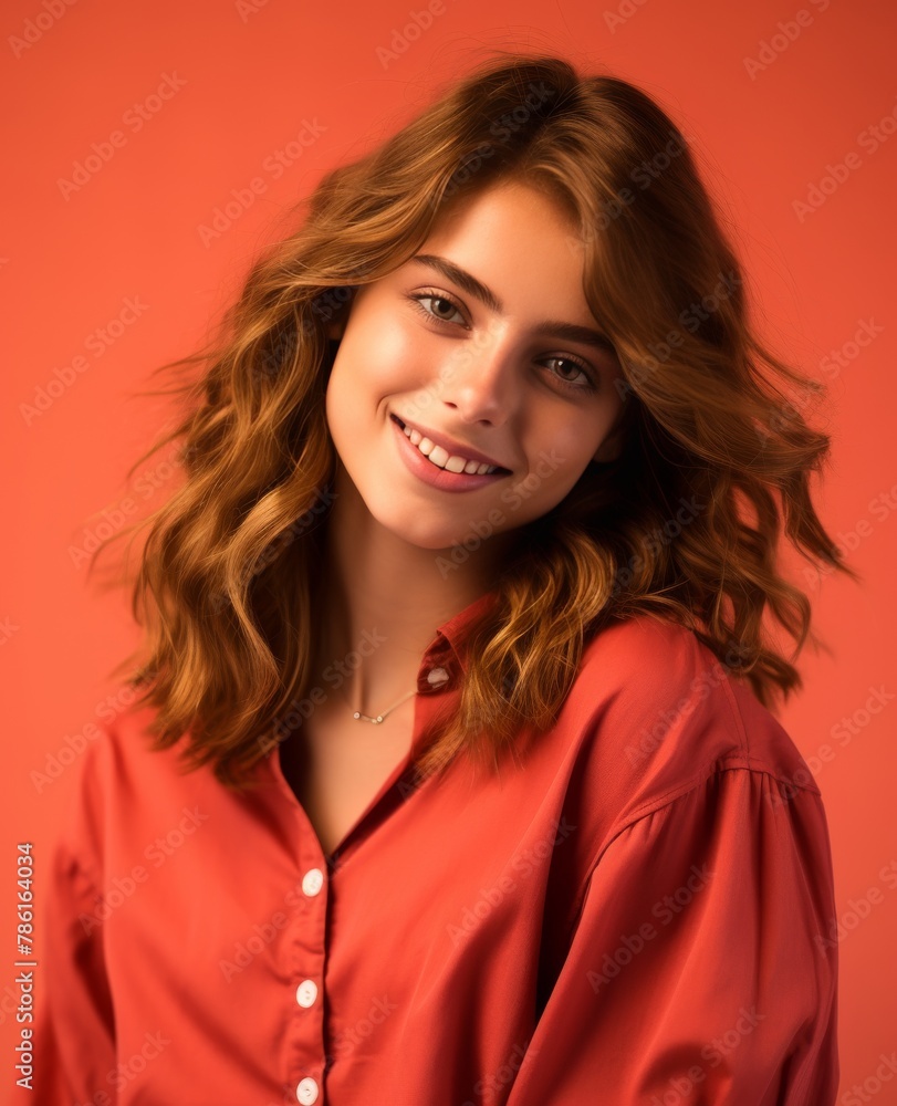 Portrait of caucasian girl, wearing a casual clothing and smiling on studio color background Portrait of caucasian girl, wearing a casual clothing and smiling on studio color background