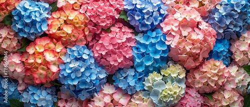 Top view of different colors hydrangea flowers a vibrant backdrop for text or product advertisement backdrop a floral background, Generative AI.
