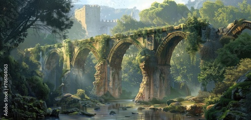 A bridge of ancient ruins, spanning a forgotten river, whispering tales of civilizations long past. photo