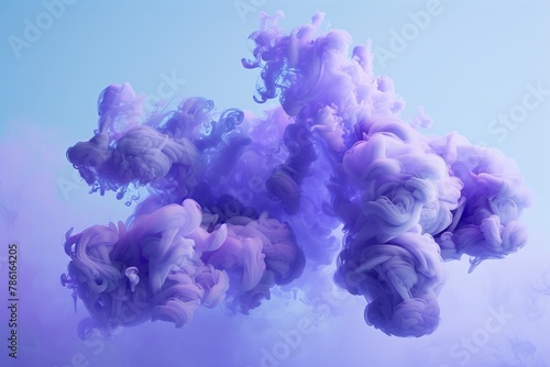 Purple clouds in light blue background with blue smoke, in the style of symbolism, cross processing, translucent water, octane render, interactive installation, precarious balance, textured splashes