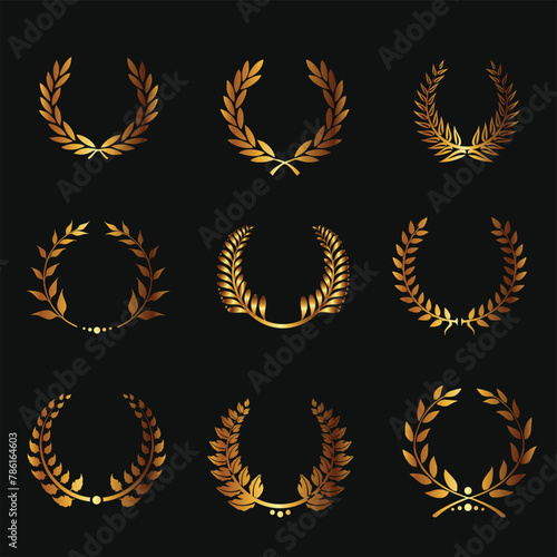 Set of golden ribbons, laurel wreaths of different shapes for winners gold podium vector illustration. 3d realistic luxury leadership award with falling glitter and light smoke on dark background photo