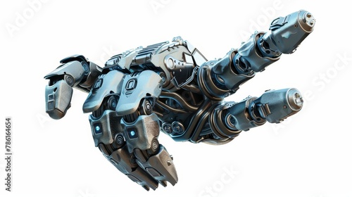 A robotic hand is shown holding a rock and roll gesture isolated on a white background. A robot is shown holding a finger sign related to heavy metal culture, which resembles the devil's horns finger