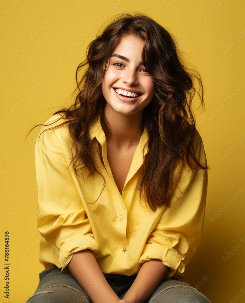 Portrait of caucasian girl, wearing a casual clothing and smiling on studio color background Portrait of caucasian girl, wearing a casual clothing and smiling on studio color background