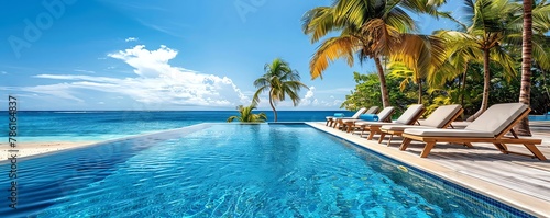 Sunny beach resort, pool with luxury chairs, palm tree setting, photo