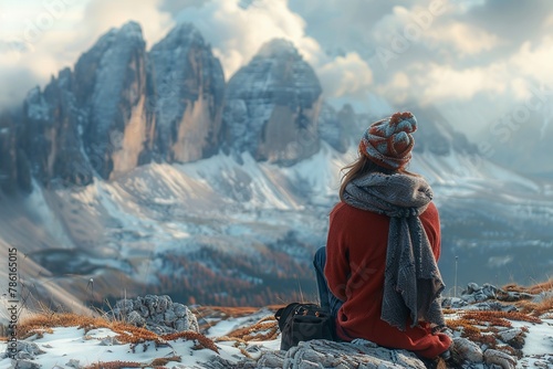 Traveler woman sitting, looking at distant mountains, © Atchariya63