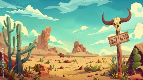 Modern cartoon illustration of an American desert landscape with a wanted poster and a bull skull on a pole. Wild west desert panorama with sand  cacti  mountains  ox bones  and wooden signs.