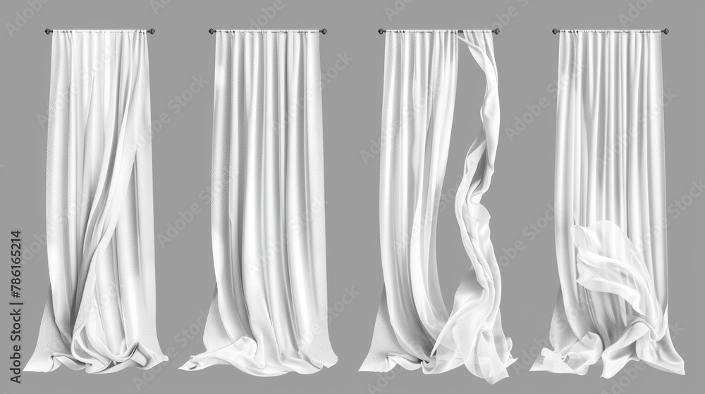 Set of white window curtains fluttering in the wind isolated on a grey background. Textile that is lightweight and has a flowing texture. Modern illustration of a translucent soft cloth with flowing Set of white window curtains fluttering in the wind isolated on a grey background. Textile that is lightweight and has a flowing texture. Modern illustration of a translucent soft cloth with flowing