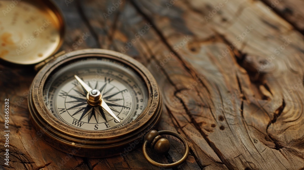 Vintage compass on a wooden background, making a decision, choosing a direction concept,  banner, empty space