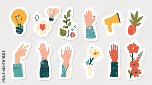 Hands gesturing holding different items sticker set.