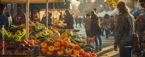 A people shopping on the early morning in the farmers market with many healthy vegetables, fruits and other food.