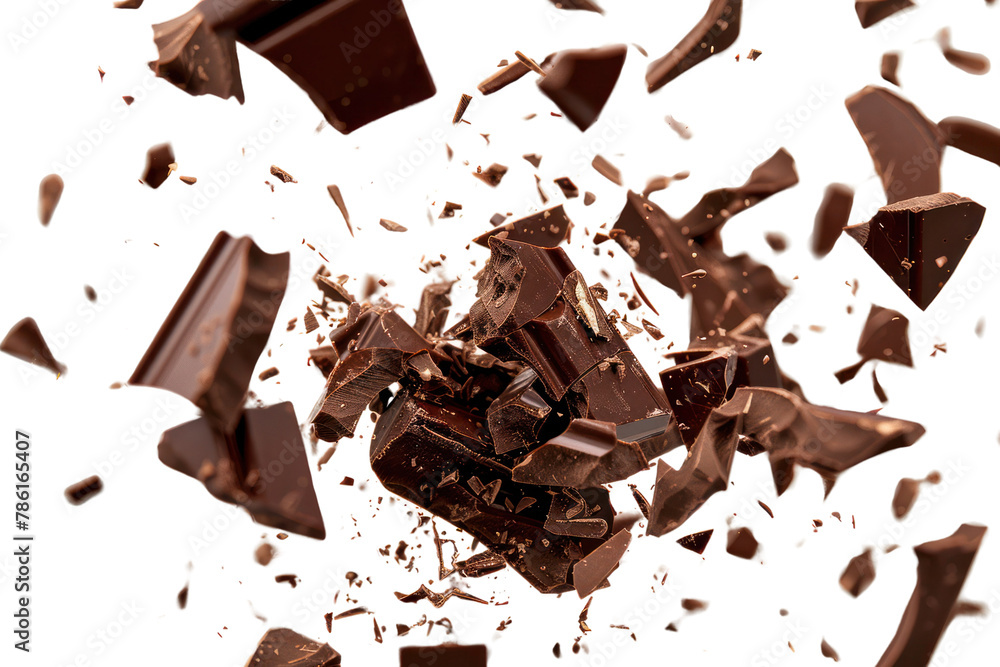 Fototapeta premium Chocolate bar piece explosion chunk candy broken isolated milk cocoa fly .isolated on white background