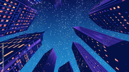 Low angle night city view of skyscrapers against a night sky with stars. Neons lighting highrise buildings upwards with light reflected in their windows, Illustration of highrise urban architecture