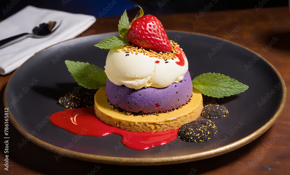 A plate of assorted desserts including a golden-brown topped cake garnished with a strawberry and almond, a scoop of vanilla ice cream A plate of assorted desserts including a golden-brown topped cake garnished with a strawberry and almond, a scoop of vanilla ice cream