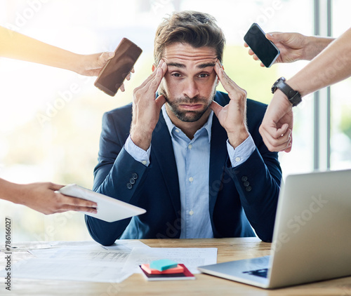 Tableau sur toile Businessman, hands and stress or overwhelmed with multitask in office with poor time management or tech