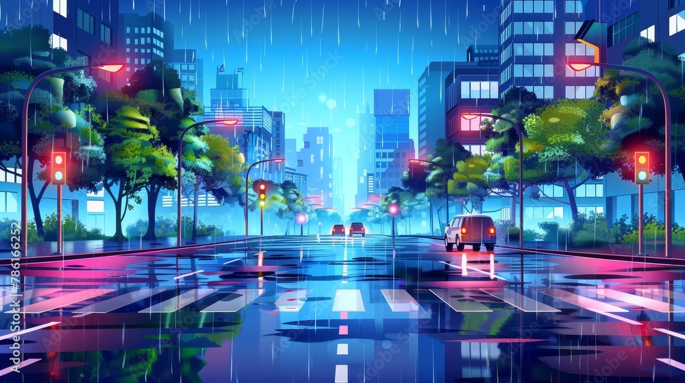 In the evening and in the rain, a city street landscape with houses, a car road and trees in a rainy day. The town has buildings, a crossroad with traffic lights and a pedestrian crosswalk at a