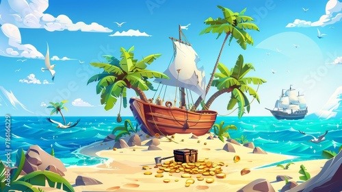 A pirate ship anchored on an island with treasure. A chest with gold and a shovel hidden under intertwined lianas. Loot draped over the sea beach with palm trees. Cartoon illustration for adventure