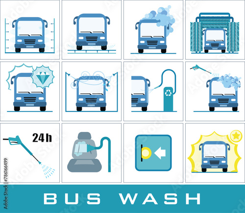 Set of bus washing icons. Collection of icons presenting equipment used for bus wash.