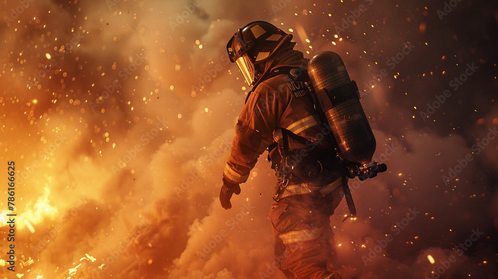 a firefighter bravely rescuing someone from a fire-ravaged building, against a backdrop of billowing smoke and glowing embers a firefighter bravely rescuing someone from a fire-ravaged building, against a backdrop of billowing smoke and glowing embers