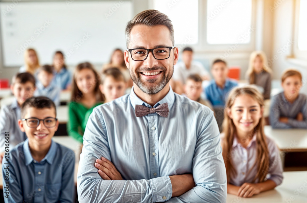 A male teacher stands in front of a classroom with schoolchildren. Teacher's Day. A male teacher stands in front of a classroom with schoolchildren. Teacher's Day.