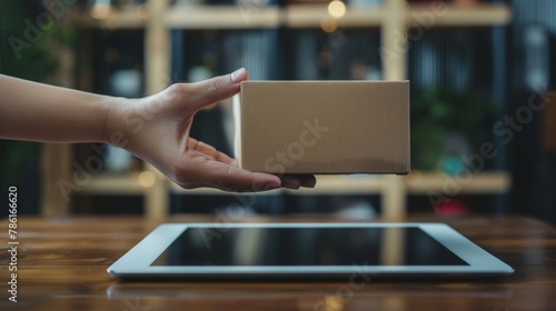 An image of a hand with an empty carton box sticking out of a tablet screen. An image of a customer purchasing a product online and receiving it.
