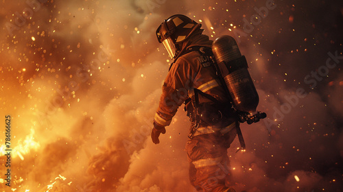 a firefighter bravely rescuing someone from a fire-ravaged building  against a backdrop of billowing smoke and glowing embers