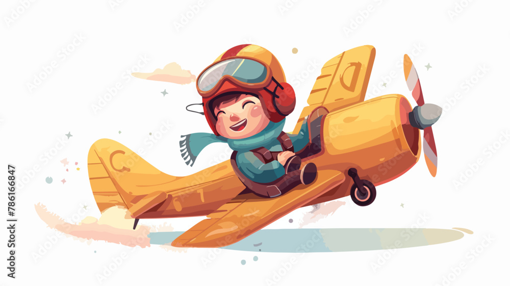 Happy smiling kid flying plane like a real pilot