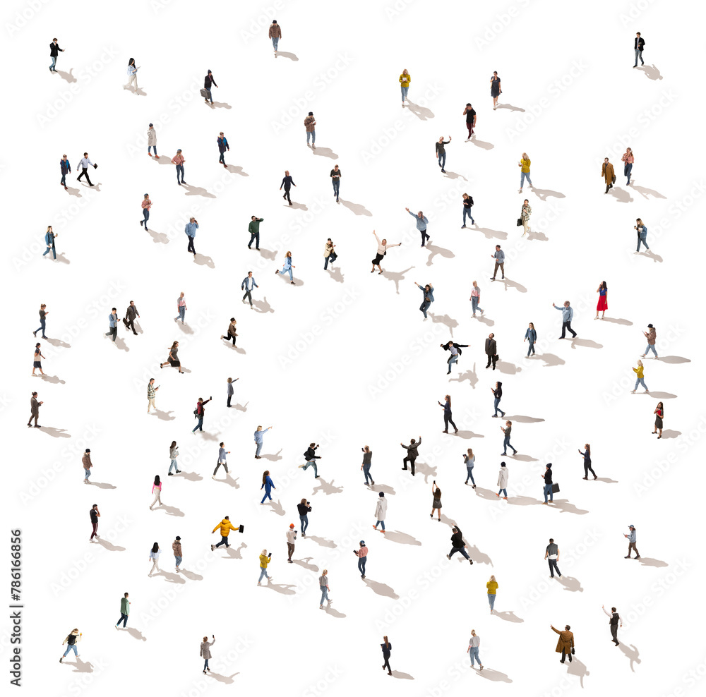 Aerial view on crowd of people, men and women in motion, using gadgets for communication and business. Modern flow of life. Concept of innovation, online, network, cooperation Aerial view on crowd of people, men and women in motion, using gadgets for communication and business. Modern flow of life. Concept of innovation, online, network, cooperation