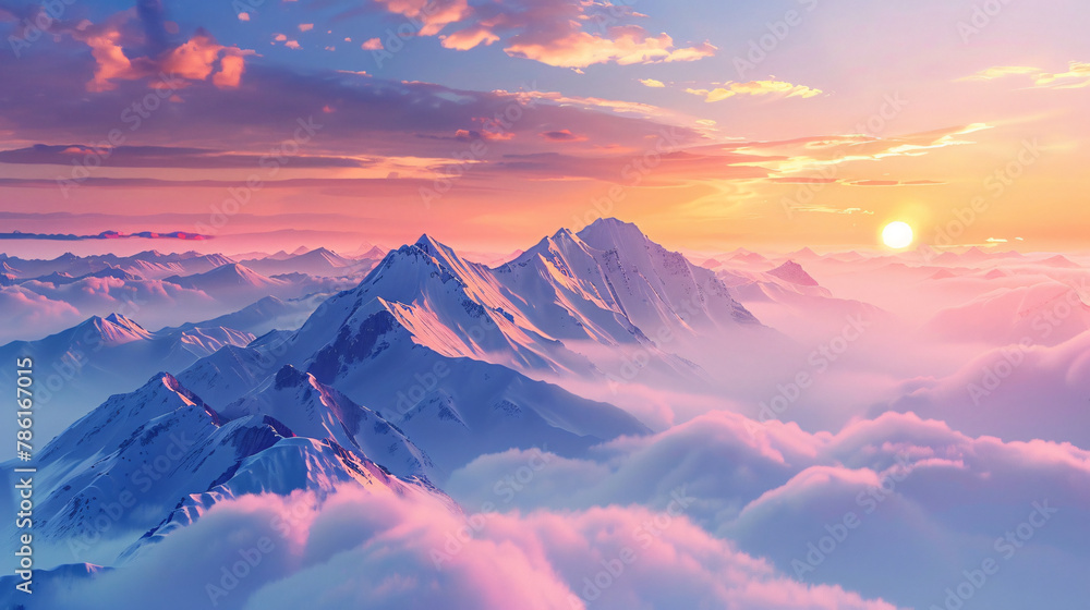 Beautiful landscape with sunrise in the snowcapped 