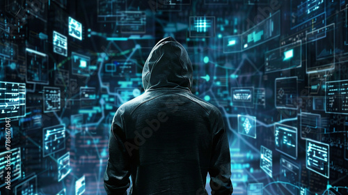 A mysterious hacker engaged in a web of advanced technology, incorporate a backdrop filled with images of code, futuristic hardware, and complicated algorithms. dark and conspiratorial atmosphere. photo