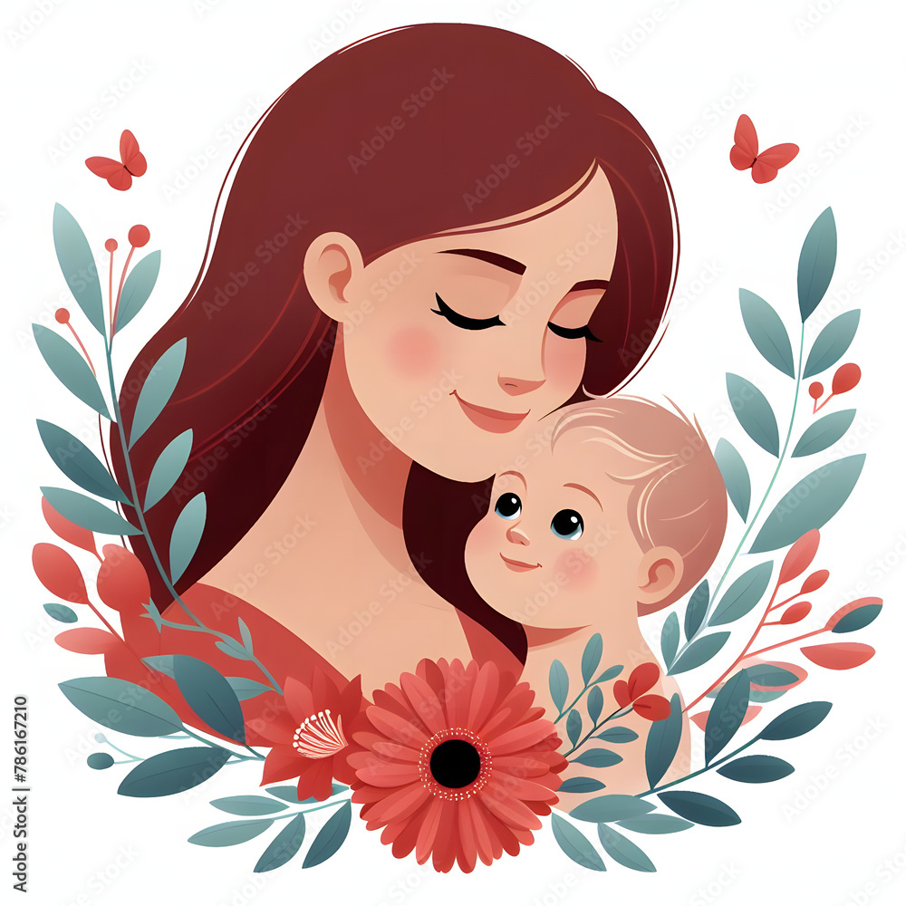 Mom face closeup with baby, flower, and leaves, red color, isolated on a white background, flat vector illustration
Mom face closeup with baby, flower, and leaves, red color, isolated on a white background, flat vector illustration