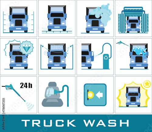 Set of truck washing icons. Collection of icons presenting equipment used for truck wash.